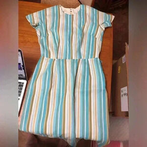 Vintage 1960s Cay Artley Blue Tan White  Striped Dress